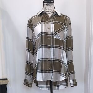LUCKY BRAND | Women's Green/White Soft Plaid Button Down Long Sleeved Shirt